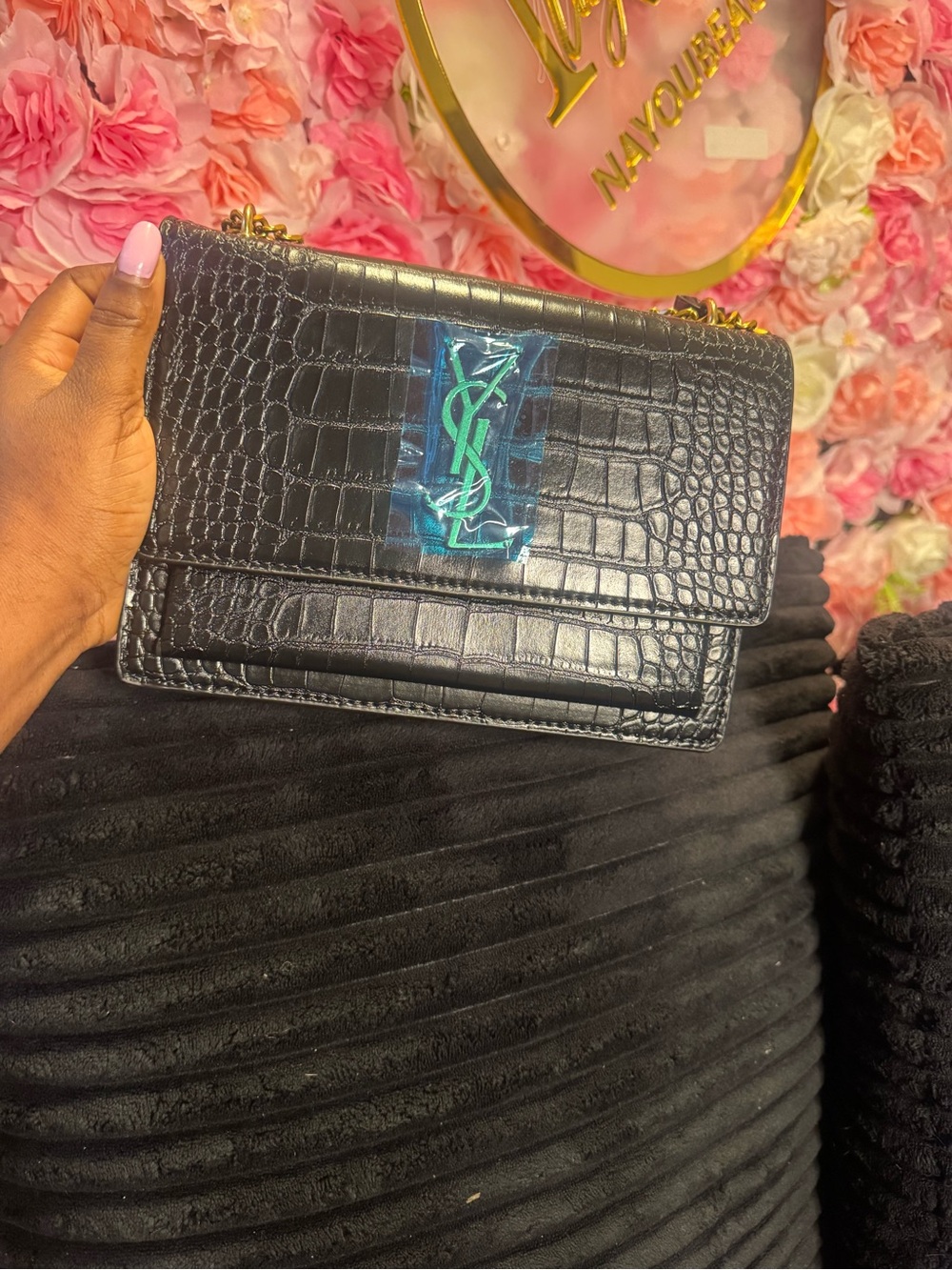 Saint Laurent Black Croc-Embossed Leather Shoulder Bag with Gold Chain